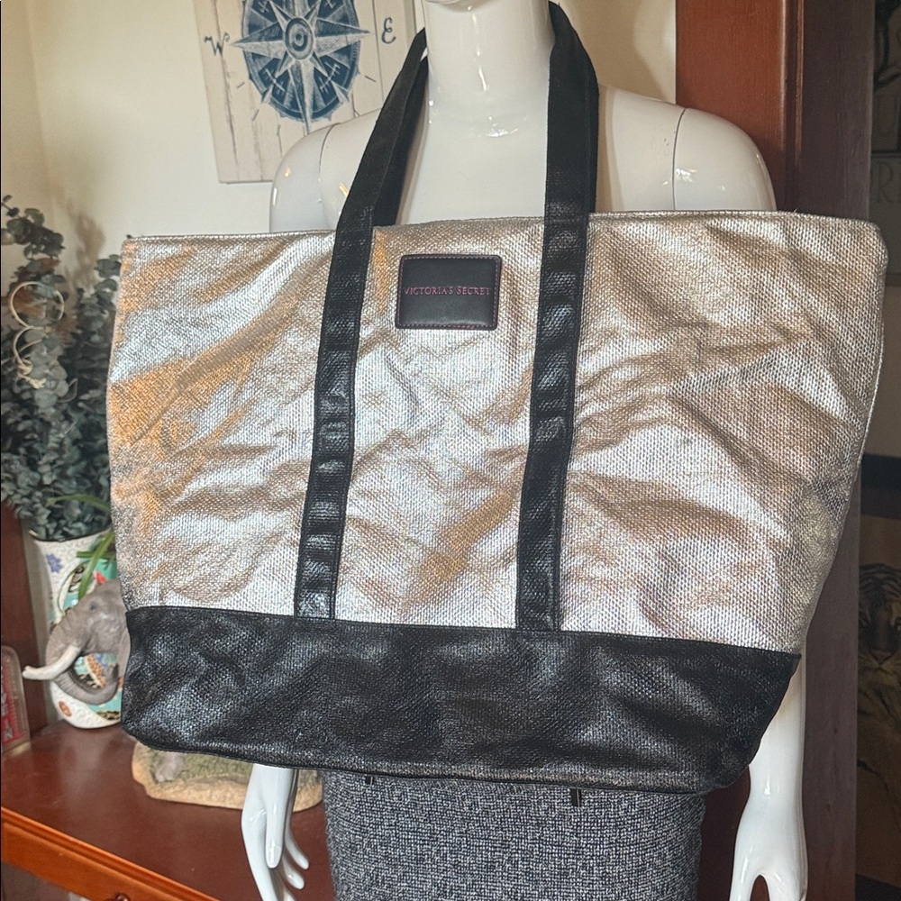 HUGE Victoria's Secret Silver and Black crinkly Textured Bag